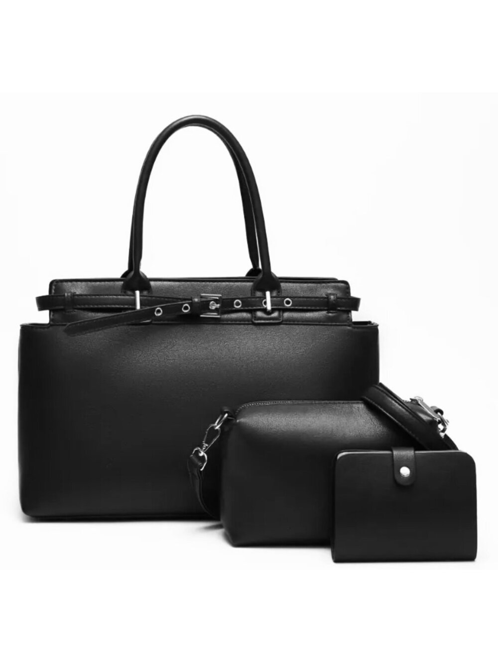 New -Classy 3pcs Multifunctional Faux Leather Tote/Shoulder Bag Set -Black